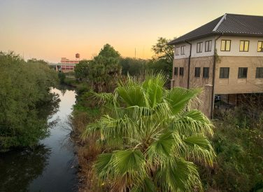 Aerial view of Hogans Creek in Jacksonville, FL at sunset